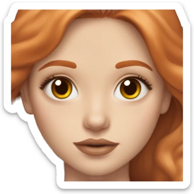 Girl with pale skin,long ginger hair, and brownish hazel eyes. Winged eyeliner, blush on cheeks, and brownish orange lip gloss sticker