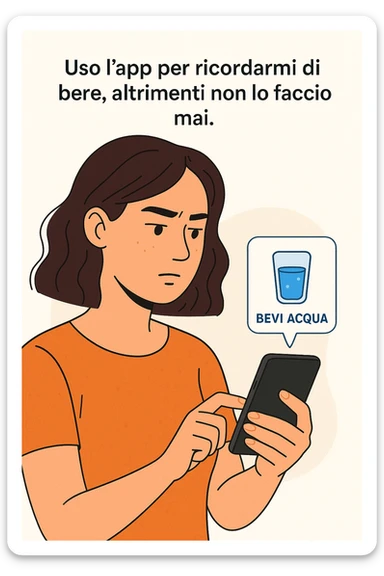 Donna che usa App per ricordarsi di bere, altrimenti non beve mai testo in italiano sticker