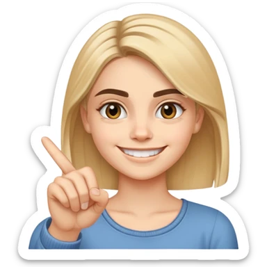 Cara sonriendo de forma coqueta con el dedo indice de una mani señalando hacia la sonrisa sticker