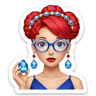 gem lover woman with gem accessories excessive amount gem glassess very big gem earrings red bun hair and redbluediamonds sticker