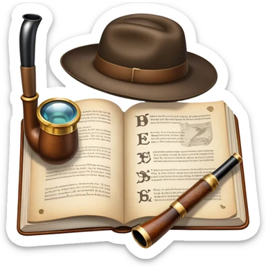 Icon for Detective Reading: an open book with text and a magnifying glass on the pages, a classic detective hat, and a pipe, surrounded by clues like footprints, a revolver, and a notepad. The icon should represent the mystery and intrigue of detective stories. Transparent background. sticker
