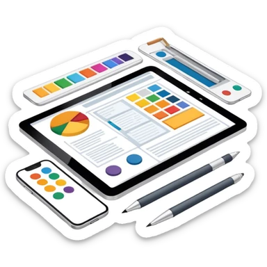 Modern icon for Web Design: a computer and smartphone or tablet screen displaying a website layout, HTML code, and design tools like a stilus and color palette. Transparent background. sticker