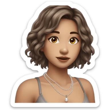 24 years old girl straight hair around armpit length with brown hair with silver and pearl chain necklace another layer of silver chain necklace sticker