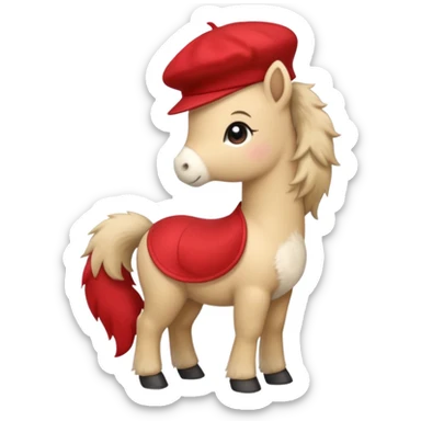 A cute pony (horse) emoji, full body, standing in side view, wearing a stylish red beret. sticker