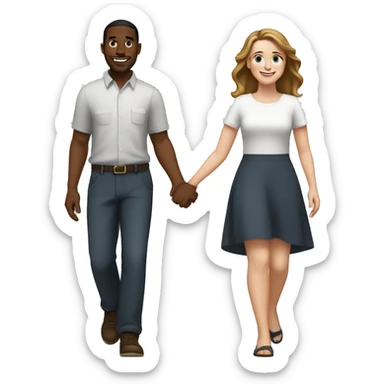 A black man  with medium hair and a white woman with  brown hair holding hands and walking side by side, smiling and enjoying their time together sticker