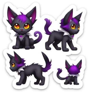 Anthro-Cute-Edgy-Vampiric-Batty-Cat-Black-Purple-Red-Grey-White-Yellow-Contrast-Colors-Fantasy-Fur-Sona-Chibi-Shiny-Fakémon-Hybrid with horns and big fangs and collar full body sticker