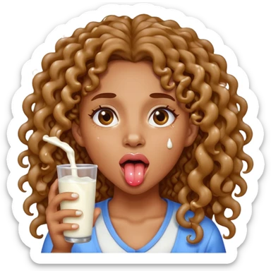 a mixed girl with long curly hair sticking her tongue out with milk drops dripping from tongue sticker