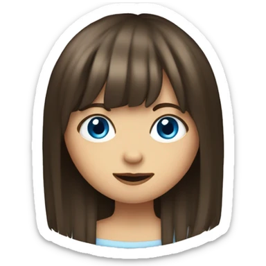 A girl with medium-length brown hair with blue eyes and a fringe curtain sticker