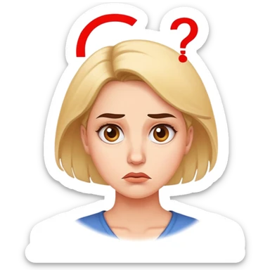 A woman with a confused facial expression, furrowed brow, and question mark above her head sticker