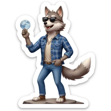 friendly anthropomorphised wolf in jeans and plaid shirt, wearing dark sunglasses, howling with the moon in the background, upright pose sticker