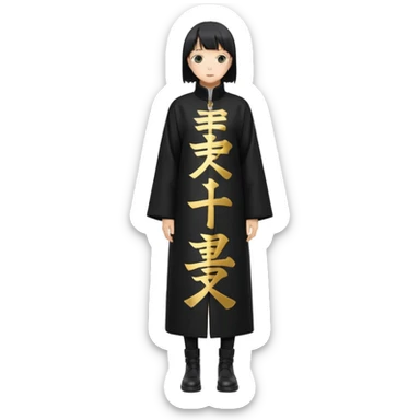 A long black anime style coat with a straight silhouette, reaching below the knees. On the center of the back, bold vertical golden Japanese kanji characters are printed glowing slightly against the dark background. The coat has a high collar and long sleeves. sticker