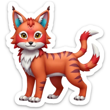 Colorful tropical reddish kawaii cute Lynx-Trico-Sergal-Wolf-Vernid-Fakémon-Pokémon-creature (full body) sticker