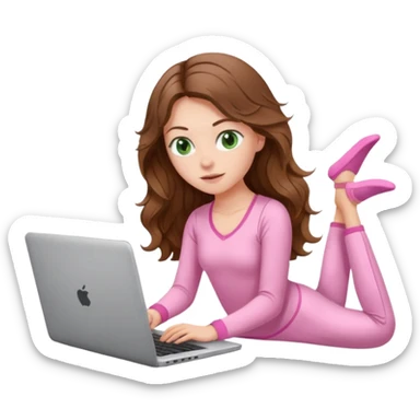 make a picture in ios 18 style of a white girl with brown long wavy hair and green eyes wearing pink pilates core pajamas and working on a laptop sticker