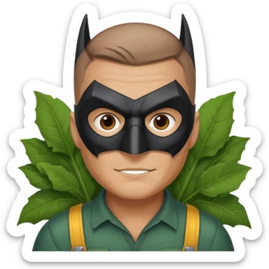 gardener with tanned skind and batman mask brown eyes and buzzcut sticker