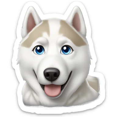 All white husky with blue eyes and a light brown nose sticker