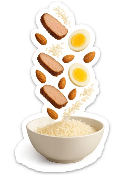 bowl bianca in cui cadono verticalmente fettine di carne, uova sode, mandorle e riso basmati sticker