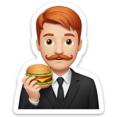 red haired with mustace male wearing suit eating hamburger sticker