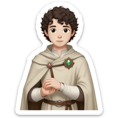 medieval spring outfit worn by a DnD themed fantasy male character. thin wool tunic with a light cloak draped over one shoulder, secured by a wooden brooch. clothes only above the waist. The clothes full waist. The character's haven't arms. character is white-skinned, dark brown hair, hazel eyes, short curly hair. sticker