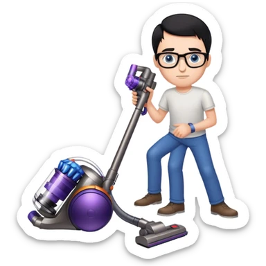 Man with black hair and blue eyes with glasses using a dyson on the floor sticker