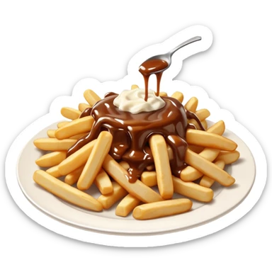 poutine, québec, white cheese curds with gravy on fries in a white plate sticker