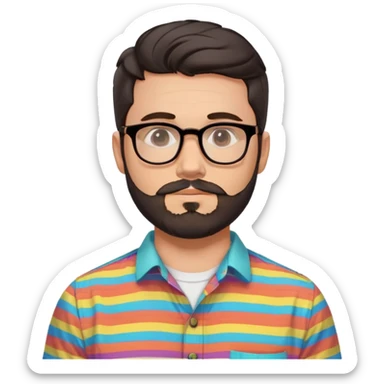 a 30-year-old man with light skin, medium solid build, wide face, soft cheeks, rounded jawline, neutral relaxed expression, short dense full beard, wavy voluminous brown-black hair at the front, large rectangular black thick frame glasses, colorful button-up shirt open showing white t-shirt sticker