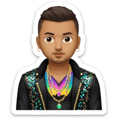 Sean Paul with dark brown hair, black sequin jacket, shirtless with necklace sticker
