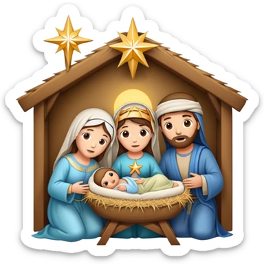 Nativity scene with baby Jesus in a manger, Mary, Joseph, and star above sticker