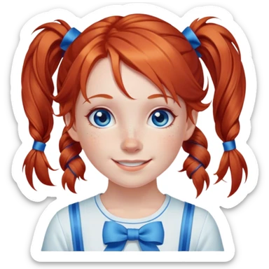 A cheerful, young red-haired girl with bright blue eyes and freckles, styled in two playful pigtails tied with blue ribbons. sticker