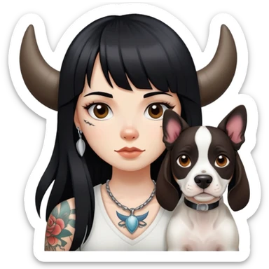 girl with long black  straight bangs hair with tattoo and a Springer dog  and  bull terrier sticker