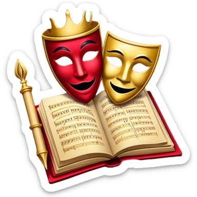 Create a bold and dramatic emoji representing the art of playwriting. The design should feature an open script or a theater playbook, with stylized text inside. Include elements like a theatrical comedy and tragedy masks, a stage spotlight, or a writting quill to symbolize creativity and performance. Use deep, contrasting colors like red, black, and gold to evoke the intensity and passion of drama. The overall design should feel dramatic, inspiring, and artistic. Make the background transparent. sticker