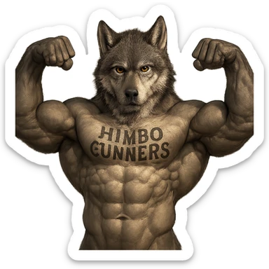 realistic, very muscular wolf furry, shirtless, 'Himbo Gunners' tattoo on chest, flexing with both arms, intense look sticker