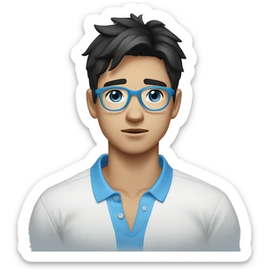 young man crying, 20 years old, with black hair, blue eyes and light blue round glasses, white polo shirt with blue collar sticker