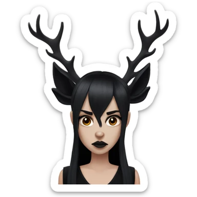 Portrait. Goth, deer girl. Wearing a black sleeveless dress with a choker. She has White antlers and deer ears. Long Black hair. She looks angry sticker