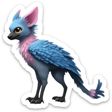 Trico The Last Guardian Quadrupedal Creature With Blue Horns, Grey feather Wings, And long tufted tail, black muzzle, pink scaly legs sticker