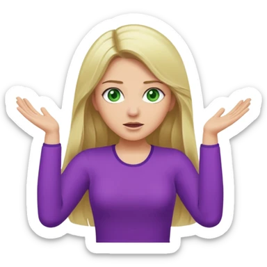 lady with long blonde hair, green eyes and purple top throwing arms in the as if confused sticker
