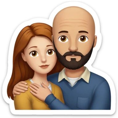 Couple. Bald man with dark brown-black beard. White woman with many small, faded freckles, she has white skin and she has auburn-yellow-brown-cinnamon, dark long hair. She has light brown eyes. The man have hazel eyes. Retro style. They hug. sticker