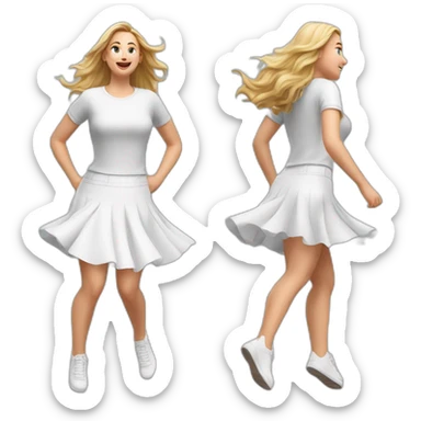 Hyperrealistic Full body Caucasian curvy beauty jumping short white skirt back and front views strong wind sticker