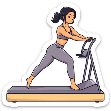 woman with tanned skin, long black hair, wearing a sports bra, doing Pilates on a reformer machine sticker