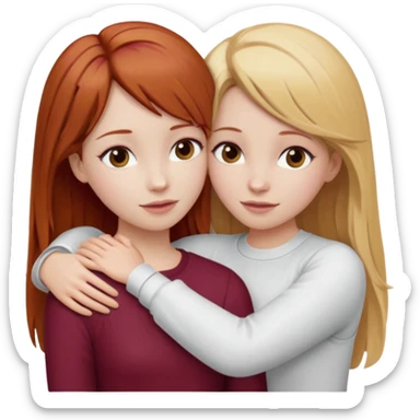two girls who hug eachother. one has auburn hair with blonde highlights and very pale skin and is wearing white outfit, other has medium-fair skin and blonde hair and is wearing a burgundy outfit sticker