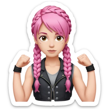 Woman with braided pink hair with an asymmetrical bang, wearing a sleeveless vest and flexing sticker