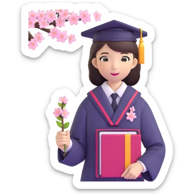 Japanese female high school graduate in school uniform with cherry blossoms and diploma sticker