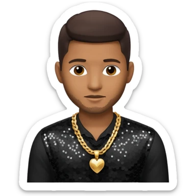 Usher with dark brown hair, black sequin dress shirt with necklace and chest out sticker