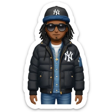 African American man brown skin complexion with black dreadlocks shoulder length wearing black bubble winter coat wearing black sunglasses wearing a New York Yankees fitted baseball hat and a black winter bubble coat with denim skinny jeans and timberland boots sticker