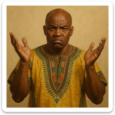 Сгенерируй мне афроамериканца в национальном африканском костюме, лысого,  . Строго в анфас. Его лицо чуточку недовольно, а руками он размахивает и разводит в сторону. На однородном фоне. В стиле реалистичной живописи. Он полностью помещается в экран и не обрезается краями изображения sticker