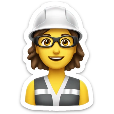 Caucasian woman with brown hair wearing a safety helmet, yellow safety vest, safety glasses and earplugs sticker