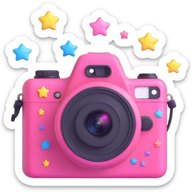Enhance the 3D iOS style pink camera by adding extra kawaii details: cute stickers including stars, tiny pastel hearts, a small rainbow, and a smiling face on the lens. Maintain the playful and adorable look with glossy highlights and soft shading. sticker