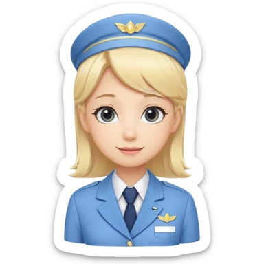 Cute emoji-style Japanese flight attendant, blonde hair, pastel blue airline uniform, kawaii cartoon style, big eyes, simple clean lineart, pastel colors, chibi proportions, friendly smile, sticker/emoji, transparent background sticker