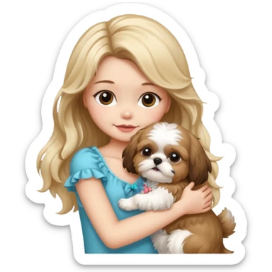 a girl with long, wavy brunette hair hugging a Shih Tzu with blonde fur and a cute bow sticker