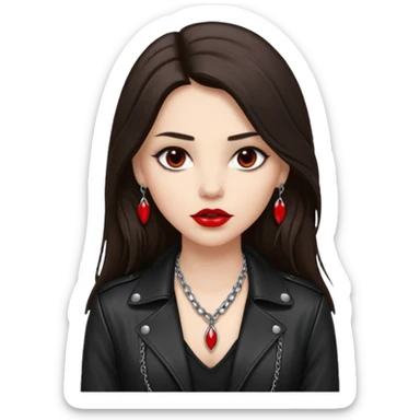 brunette with very long hair in black cuir jacket with red lips and very dark brown eyes and white shirt and mysterious necklace without ear piercing sticker