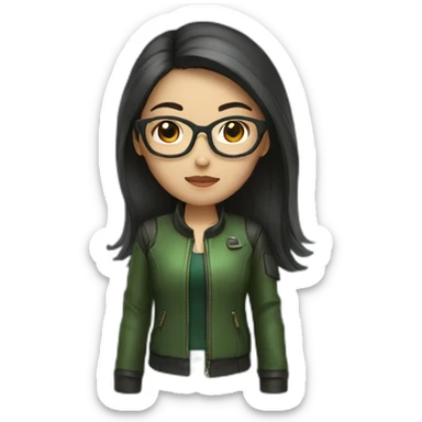 asian girl with glasses and a leather jacket with a green shirt and long dark hair sticker